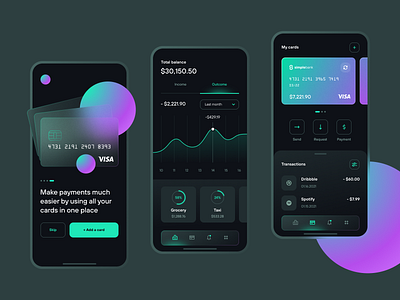 Wallet App analytics app application bank card chart clean currency dark finance fintech glassmorphism interface mobile money transaction ui ux uxui wallet