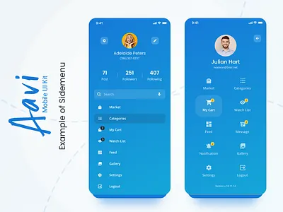Sidemenu Example from Aavi Mobile App UI Kit aavi blue clean cool design ios kit mobile modern sidemenu ui ui design ux
