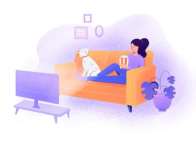 Watching tv blue couch dog grainy illustration popcorn procreate purple watching movie watching tv