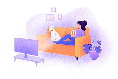 Watching tv blue couch dog grainy illustration popcorn procreate purple watching movie watching tv