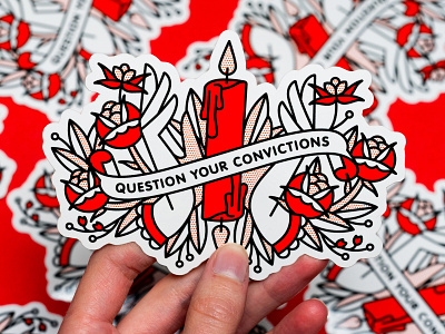 Question Your Convictions Sticker candle halftone illustration mono line monoline pop art rose sticker tattoo typography vinyl sticker