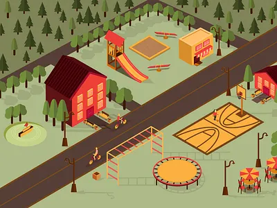 Children's camp camp forest houses illustration isometric isometry kids park playground street vector village