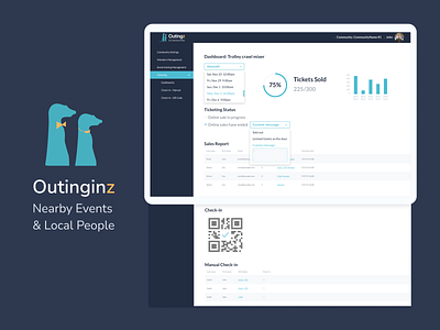 Outingz (CMS) - Nearby Events & Local People admin panel clean ui cms create event dashboad date picker event settings events rate sales sold out stats ticketing web app design