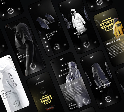 Nike futuristic clothing app clothes cyberpunk dark mode futurist glassmorphism minimal mobile nike uidesign