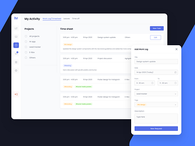 HRMS - My activity and Timesheet employee dashboard employee management my statistics report task management time management timesheet uidesign ux design work log