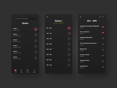 SCP Foundation Reader app app design dark dark app dark mode dark theme dark ui design list nav progress scp scp foundation search secure contain protect ui user interface ux visual design