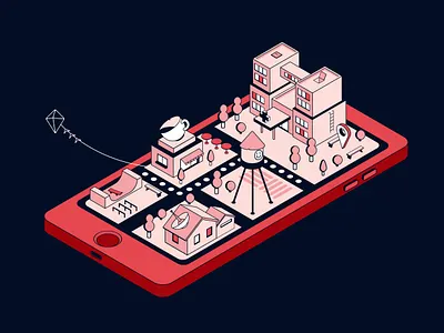 Phone Suburb city flat illustration isometry map minimal smartphone town vector