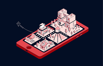 Phone Suburb city flat illustration isometry map minimal smartphone town vector