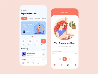 Podcast App Exploration audio app broadcast clean ui creative dashboard illustration interactive design interface ios app meditation minimal mobile app music app onboarding player playlist podcast radio streaming uiux