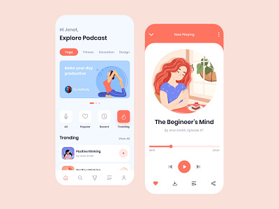 Podcast App Exploration audio app broadcast clean ui creative dashboard illustration interactive design interface ios app meditation minimal mobile app music app onboarding player playlist podcast radio streaming uiux