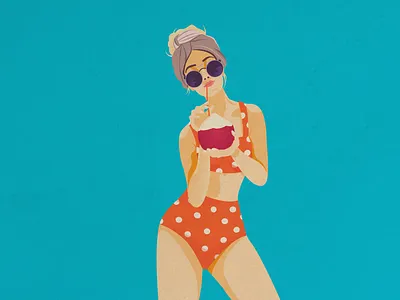 girl with coconut beach branding coconut flowers girl holiday illustration orange palm tree polka dot polka dot swimsuit sea shop on the beach summer swimsuit tourism tourist travel tropical plants vector