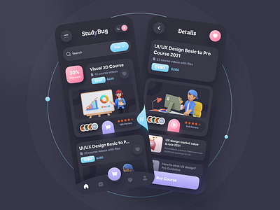 Online Courses App - Dark UI 2021 trend app design app ui course app dark dark app dark ui e learning educational app imran ios app design learning app minimal online course online courses online education user experience