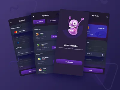 E-commerce - Mobile App 3d dark dark ui e commerce app e commerce shop grocery app mobile app design moblie app online shopping app online store commerce orders payment professional design purple trend 2021 ui uiux user experience design user interface design ux