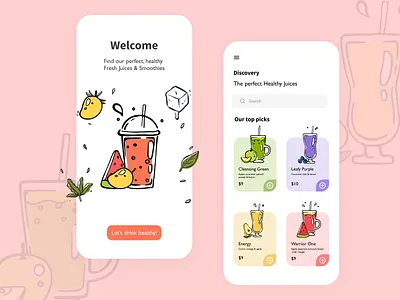 Food App | Onboarding Screen | Home Screen app daily ui dailyuichallenge design drink drink illustration food and drink food app food illustration juice juices mobile ui onboarding screen smoothie smoothies ui ui ux uidesign ux