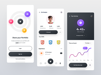 Social app design | Light ✌️😃 activity app chart dark follower homepage icon instagram instagram banner instagram post intro light linkedin login portfolio signup social social media social network twitter