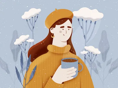 Winter 2d beautiful challenge character character design coffe cold digital drawing drawthisinyourstyle dtiys illustration painting plants potrait snow tea winter woman yellow