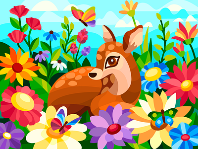 Fawn among flowers art artist artwork cartoon cartoon illustration coloringbook design digital digitalart drawing fawn flat flower illustration spring vector vector illustration vectorart