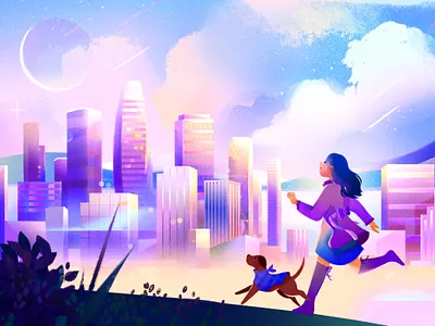 Happy New Year! character cityscape girl holiday card puppy running salesforce tower san francisco