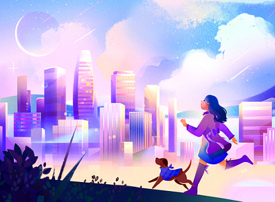 Happy New Year! character cityscape girl holiday card puppy running salesforce tower san francisco