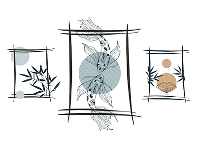 Japanese abstract and linear clipart Collection asian bamboo branding clip art clipart composition design fan graphic design illustration japanese art japanese culture japanese style koi fish light blue modern oriental packaging vector vector graphics