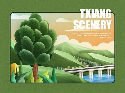 Overlooking the distance illustration mountains and fields scenery woods