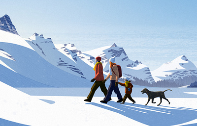 PeakVisor Winter 2021 design dog family hike hiking illustration light mountains snow vector