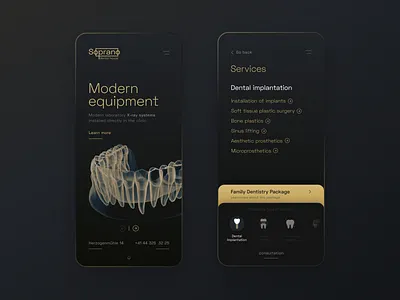 Soprano - Dental clinic project clean clean design clean ui daily ui dark theme dark ui homepage list menu design minimal minimalism mobile mobile app mobile app design mobile design mobile ui services ui ui design uidesign