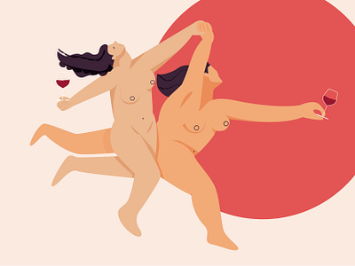 Two women running (on the beach) design flat illustration naked wine women