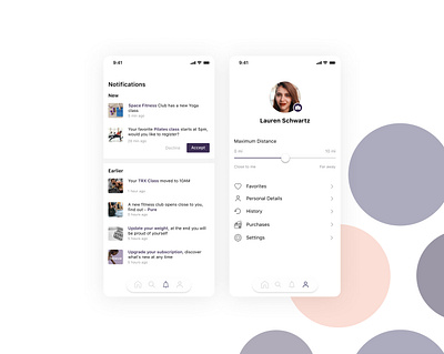 Flexfit - notifications & profile 2021 accept bottom nav decline favorite history navigation new notifications personal profile purchase setting uiux uiuxdesign