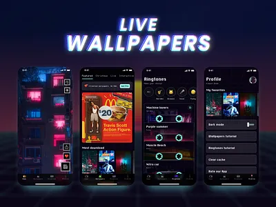 Live Wallpapers Redesign Concept app branding cyberpunk cyberpunk2077 design futur mobile mobile app mobile design pixelart pixels punk retro retro design retrowave ringtones ui wallpapers