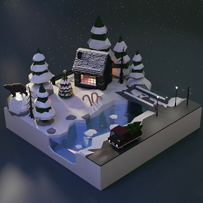 Winter in the village 3d 3dart 3dartist 3dartwork 3dmodeling blender blender3d blender3dart lowpoly lowpoly3d lowpolyart lowpolygon