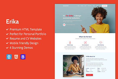 Erika - HTML Template For Online Portfolio, CV & Resume Websites branding cv design html template illustration landing page marketing onepage online cv online portfolio online resume redesign resume theme themeforest ui ux website