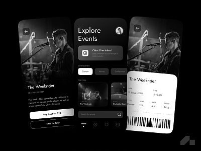 Minimal Event booking app app black white creative design minimal monotone typography ui uidesign ux ux design