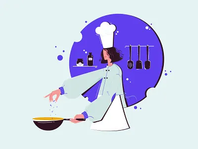 👩🏼🍳 Cooking Time apron blue bottle chef chef hat cook cooking design dribbble food girl illustrator illutration kitchen skimmer spices vector woman yellow