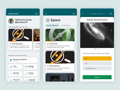 Zooniverse app redesign app design mobile mobile app mobile design mobile ui mobile ui ux ui zooniverse