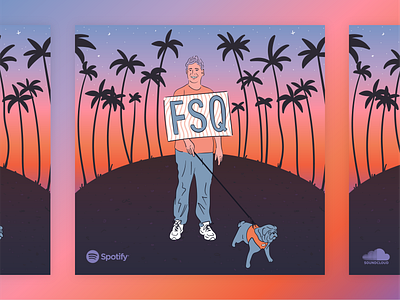 Sunset stroll through sherbert skies - FSQ January charts beach illustration los angeles man palm trees palms portrait pug santa monica sunset vector