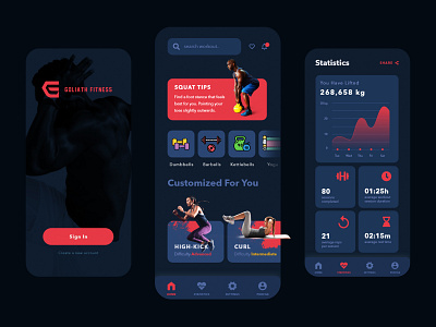 Goliath Fitness app adobephotoshop adobexd barbells branding darkmode design dumbbells fitness gym health mobile mobile app mobile design mobile ui squat ui uidesign ux workout yoga