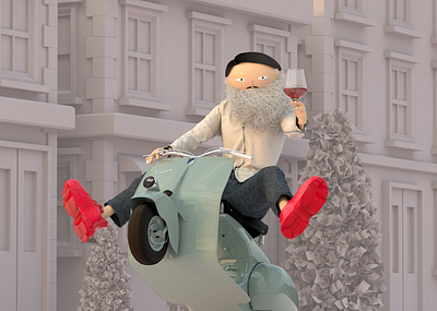 ride 3d art 3d character beard c4d character cloth illustration scooter wine