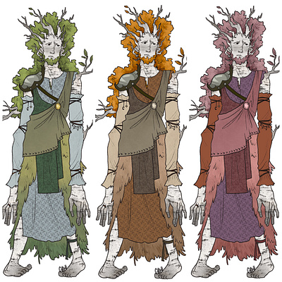 Dryad Lineup birch character design character layout character layout design dryad fantasy fantasy art fashion illustration illustrator outfit tree person