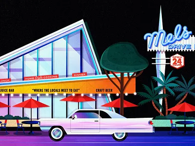 Mels Drive-In 1950s architecture cadillac car digital art digital illustration diner fan art hollywood illustration mels mels drive in mid century mid century modern modern neon sign restaurants vector west hollywood