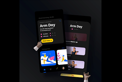 Fitness mobile app dark theme design challenge double shots fitness gym health homescreen mobile app pilates ux ui workout yoga