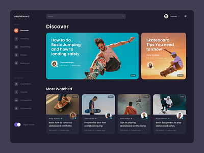 #Exploration - Skateboard Video Platform bold card clean dark mode dark ui dashboard design night mode photography platform profile skateboard sport typography ui user ux video website whitespace