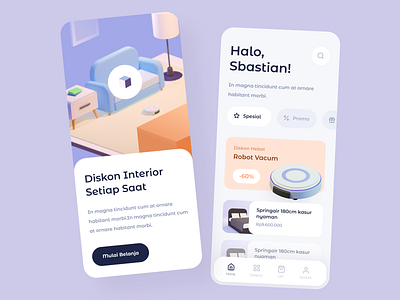 Furniture app exploration 3d 3d illustration app bed exploration explore mobile purple robot sofa ui violet