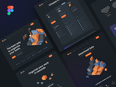 Solo: SaaS Landing Page Kit – Dark Mode 3d 3d design 3d illustration dark mode dark theme gradient hero header illustration landing page navigation pricing table saas startup testimonial typography ui ui design ui kit ux ux design