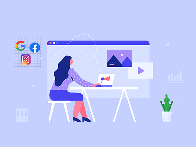 E-commerce Strategy Illustration blue branding business design designer desk ecommerce facebook google illustration illustrator instagram laptop marketing office pattern planning social media vector woman