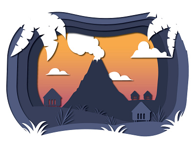 Volcano adobe illustrator design flat illustration illustrator island landscape mountains sunset vector volacano volcanoiland