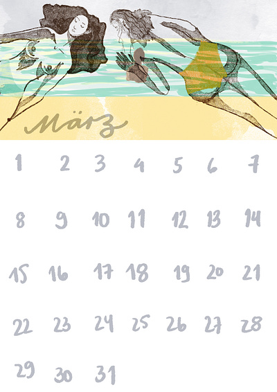 March art beach calendar design digitalart illustration march matildamaya minimal painting sea swim women