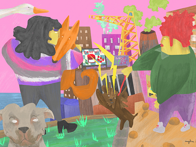 Terror in the port of Nogent digital illustration dogs illustration