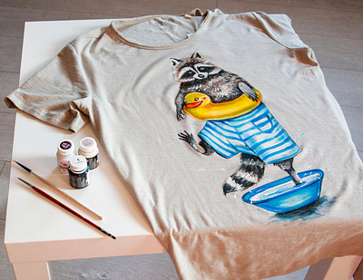 custom t-shirt, hand-painted t-shirt, raccoon print apparel art design fashion hand painted handmade illustration paint painting wear