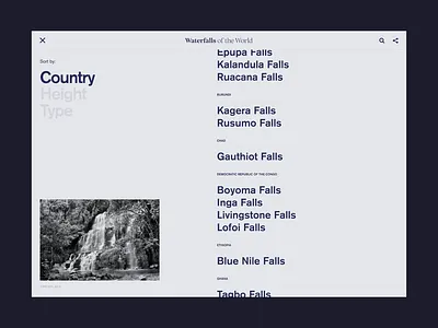 Waterfalls Of The World detail detail page grid index landing list list page typography ui uiux user experience user interface waterfalls yosemite